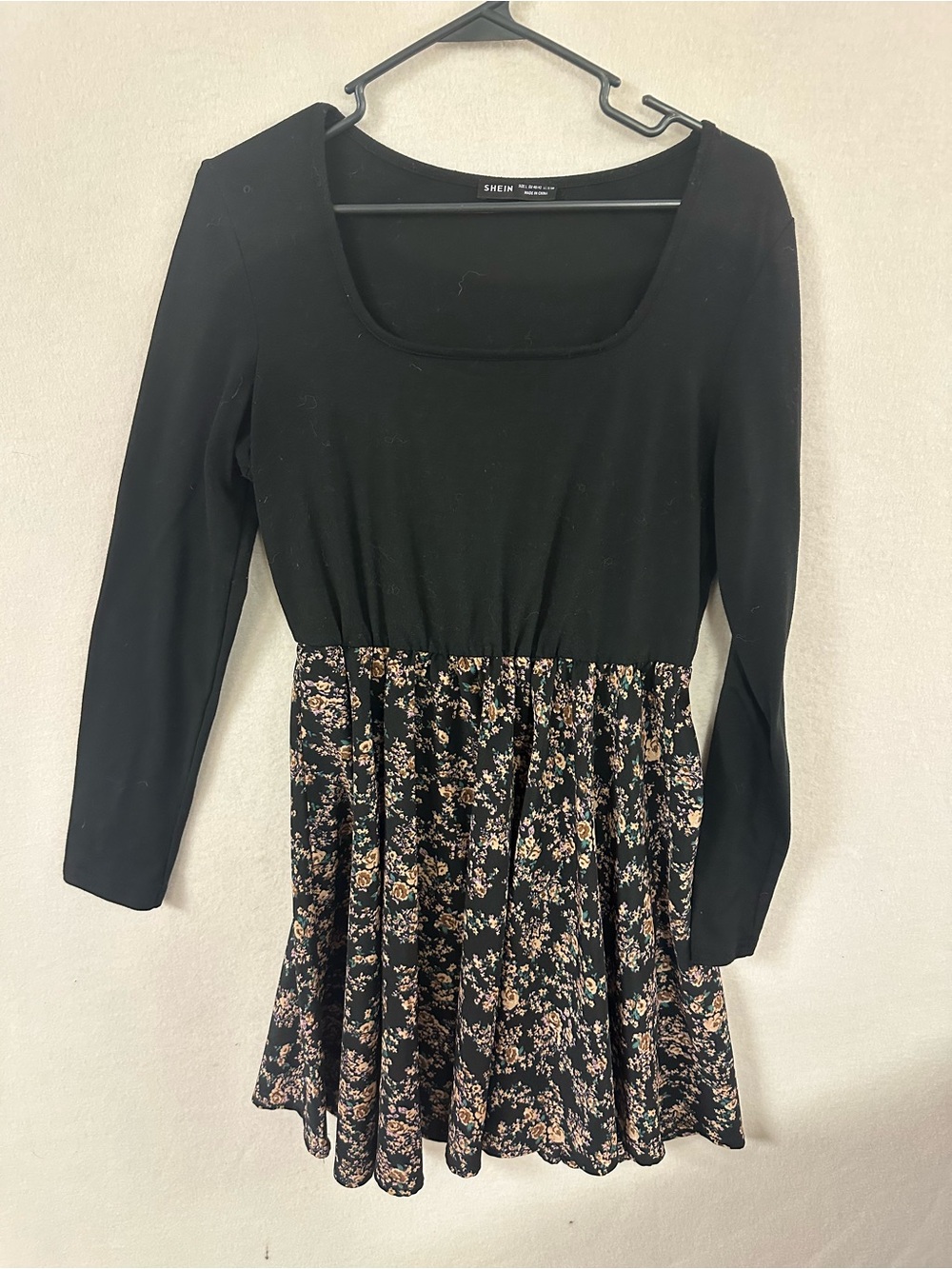 Shein Long Sleeve Fit Flare Midi Dress Black Floral Dress Stretch Size L Large